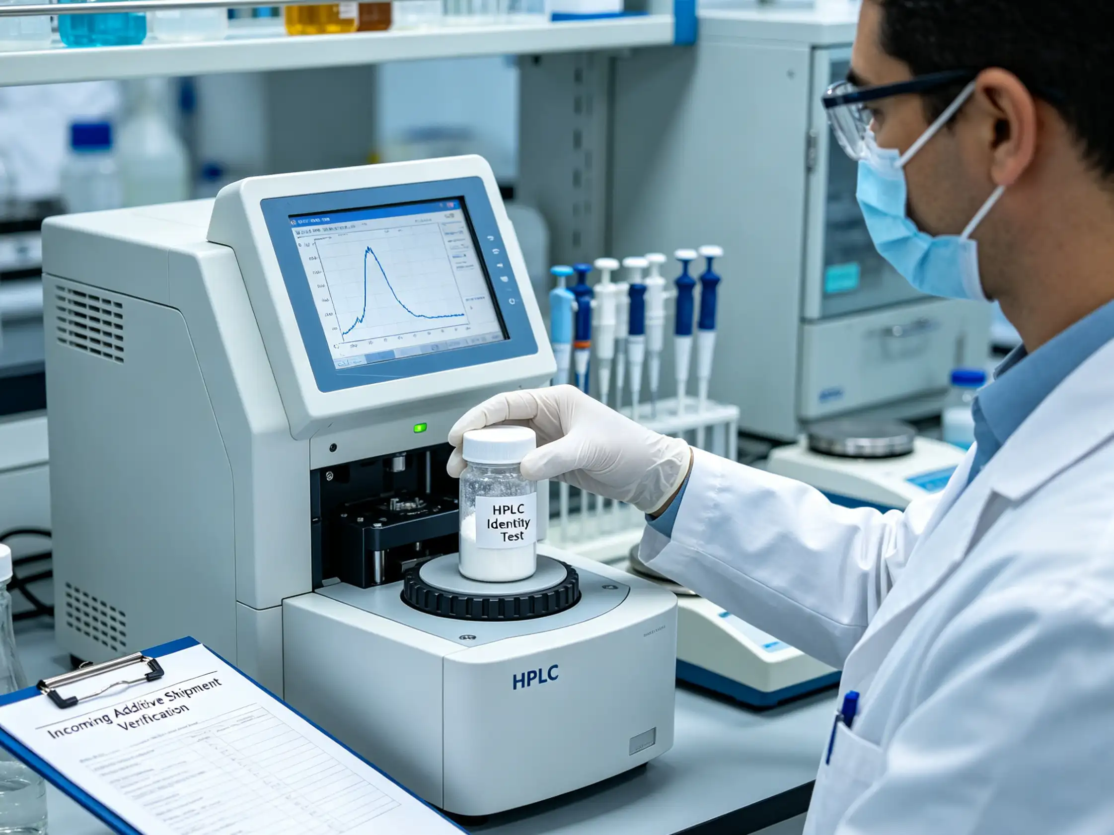 Laboratory technician performing HPLC identity test on white powder sample